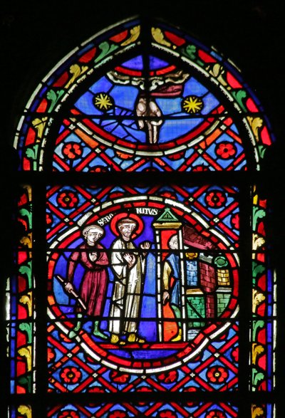 Window depicting Scene from the life of Saint Bonnet: Saint leaving his goods at the Door and receiving the monk